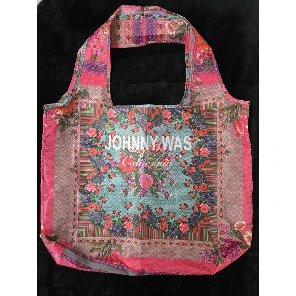 Johnny Was California Floral Reusable Foldable Shopping Tote Bag Pink Boho Beach